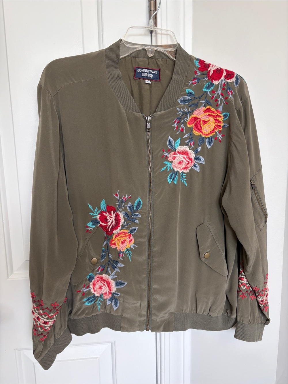 Johnny Was Olive Green Floral Embroidered Bomber Jacket